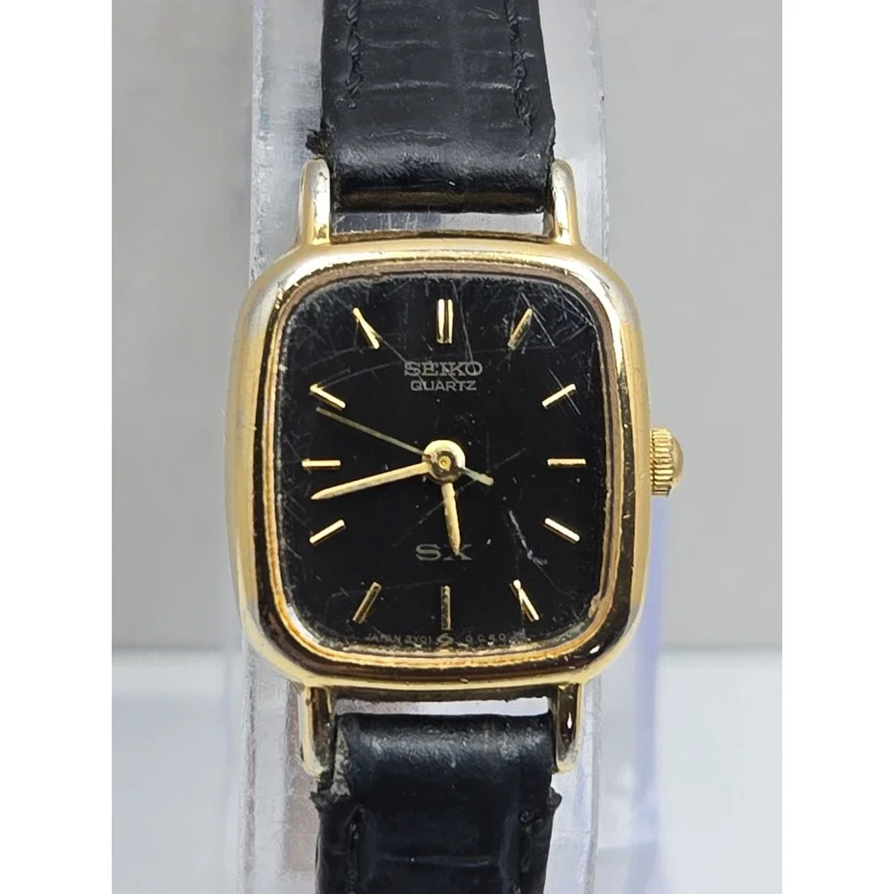 Vintage Seiko SX Tank Watch Womens Black Dial Gold Tone Japan Quartz New Battery